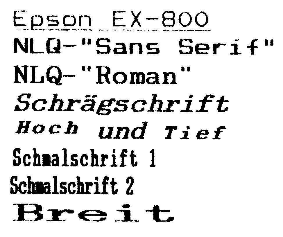 Gerahmter Ausdruck mit Schriftmuster-Zeilen in verschiedenen Schrifttypen, unter anderem »Sans Serif«, »Roman«, Schrägschrift und Breitdruck