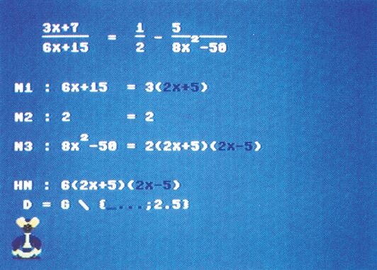 Blauer Bildschirm mit einer algebraischen Bruchgleichung und mehreren Rechenschritten; unten eine kleine Comicfigur