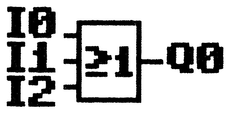 Logiksymbol eines ODER-Gatters (Kennzeichen ≥1) mit drei Eingängen I0, I1, I2 und Ausgang Q0