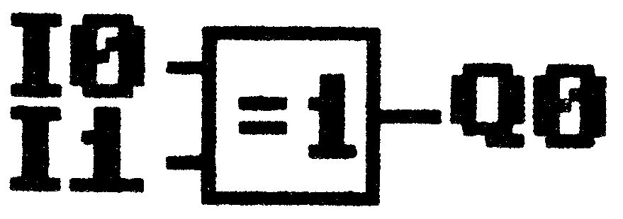 Logiksymbol eines Exklusiv-ODER-Gatters (Kennzeichen =1) mit zwei Eingängen I0, I1 und Ausgang Q0