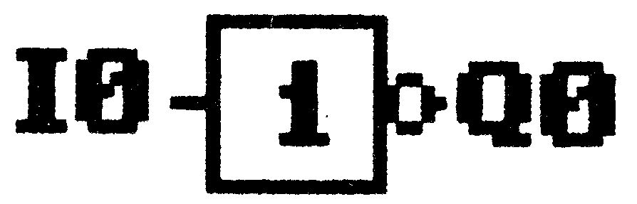 Logiksymbol eines NICHT-Gatters (Kennzeichen 1 mit Negationskreis am Ausgang) mit Eingang I0 und Ausgang Q0