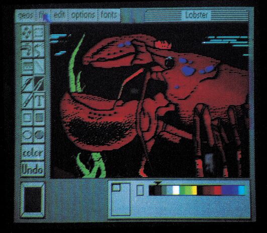 Bildschirmfoto des Grafikprogramms GEOS mit Menüleiste, Werkzeugleiste und einer farbigen Zeichnung eines roten Hummers, unten eine Farbpalette