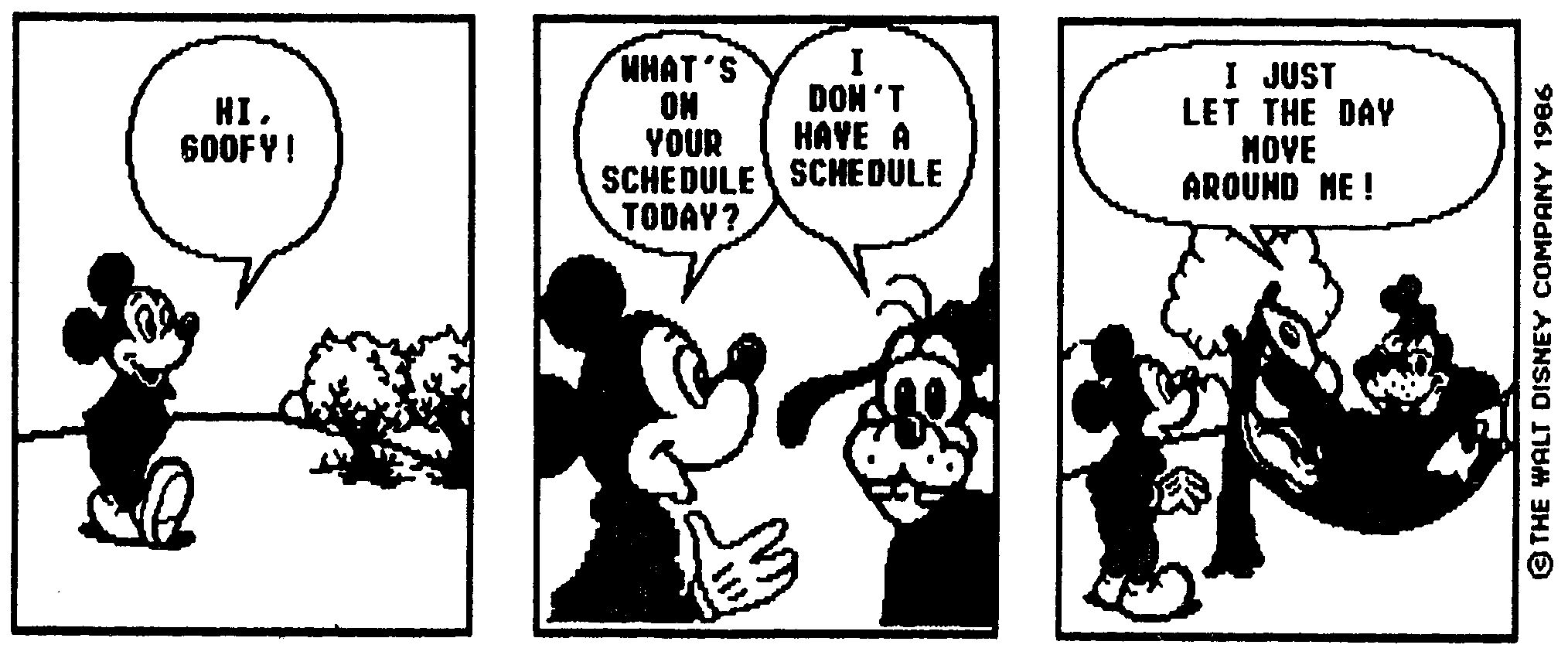 Schwarzweißer dreiteiliger Comic-Strip mit Micky Maus und Goofy und englischen Sprechblasen