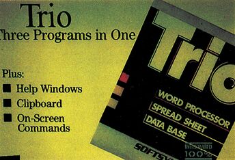 Softwareverpackung »Trio – Three Programs in One« mit Abbildung von Diskette und Modul, Aufzählung Word Processor, Spread Sheet, Data Base