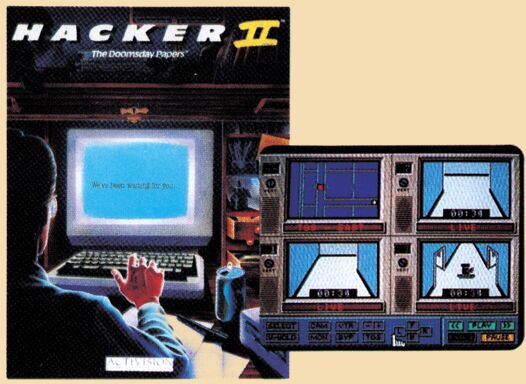 Verpackungscover »HACKER II – The Doomsday Papers« mit einer Person vor einem leuchtenden Monitor, daneben ein Bildschirmfoto mit vier Überwachungsmonitor-Ansichten