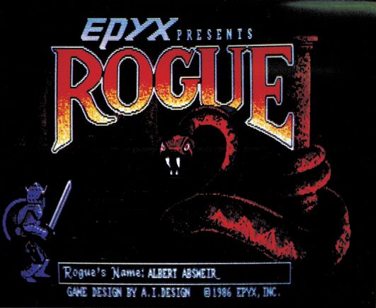 Titelbildschirm »EPYX PRESENTS ROGUE« mit rotem Schriftzug, einer Schlange und einer kleinen Ritterfigur mit Schwert