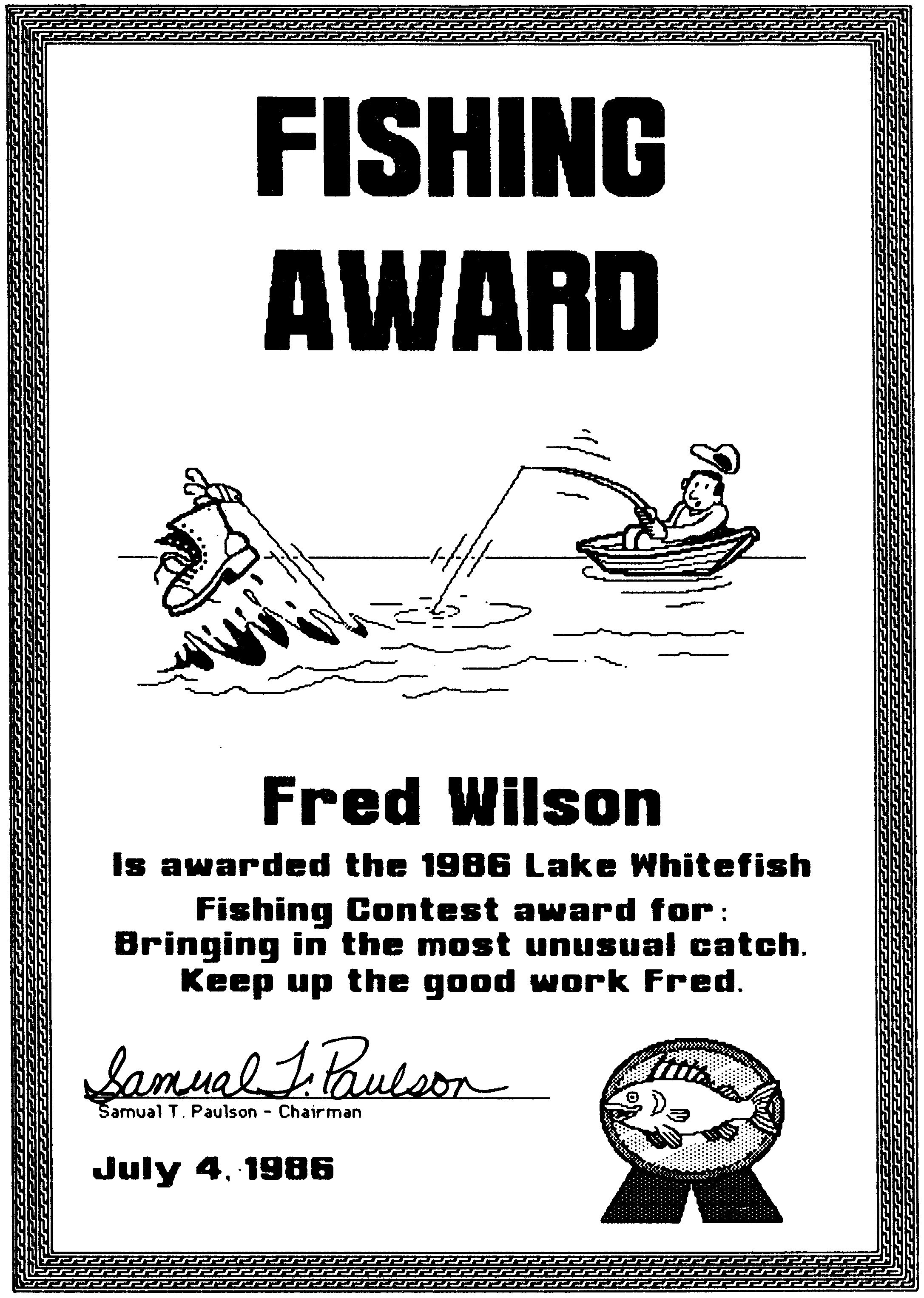 Gedruckte Urkunde »FISHING AWARD« mit einer Zeichnung eines Anglers im Boot und eines springenden Fisches, Unterschrift und Datum