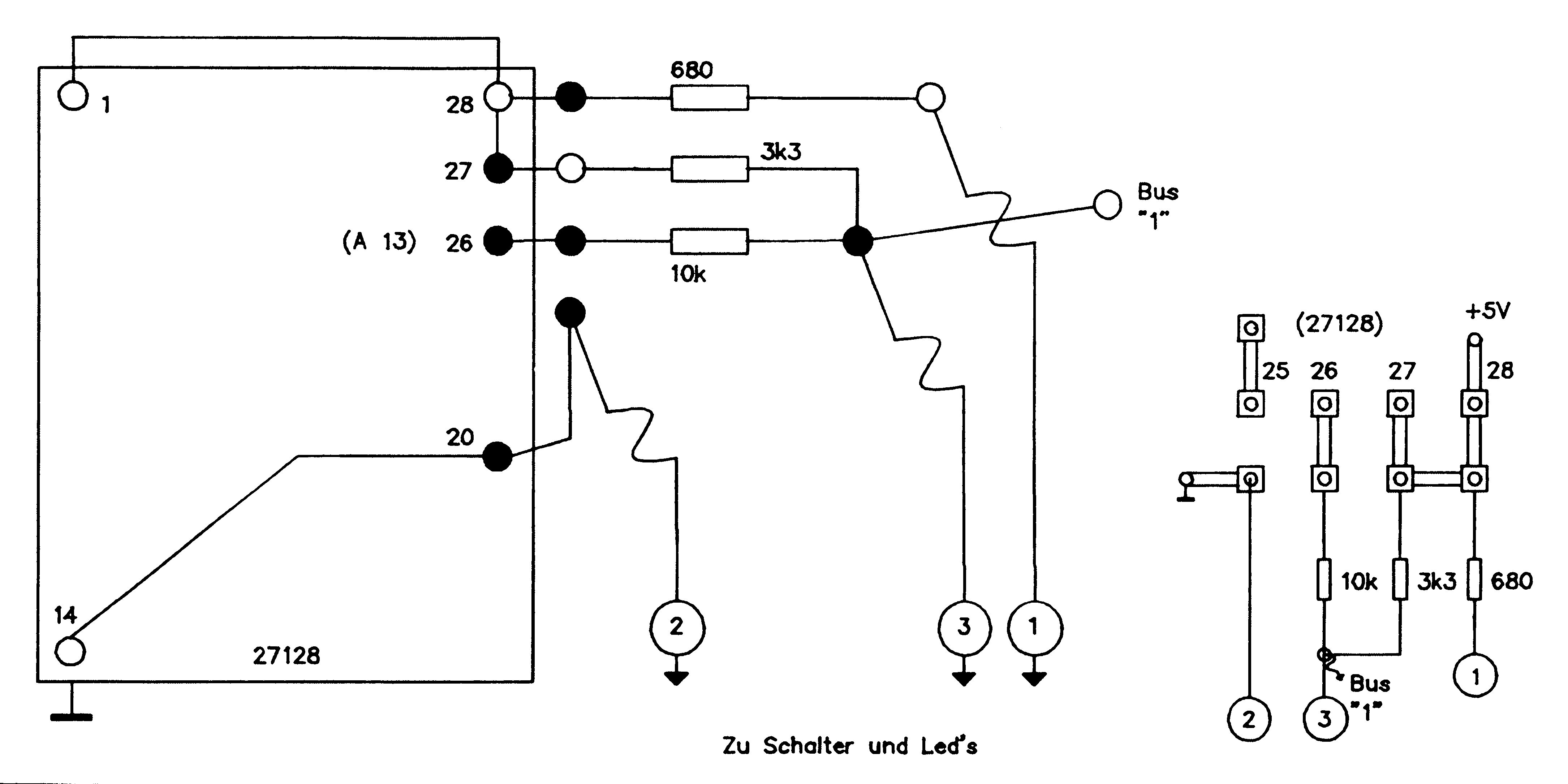 Schaltplan: IC 27128 (Pins 1, 14, 20, 26–28) mit Widerständen 680, 3k3, 10k zu Anschlüssen 1, 2, 3 und »Bus 1«; rechts Verdrahtungsplan mit +5V