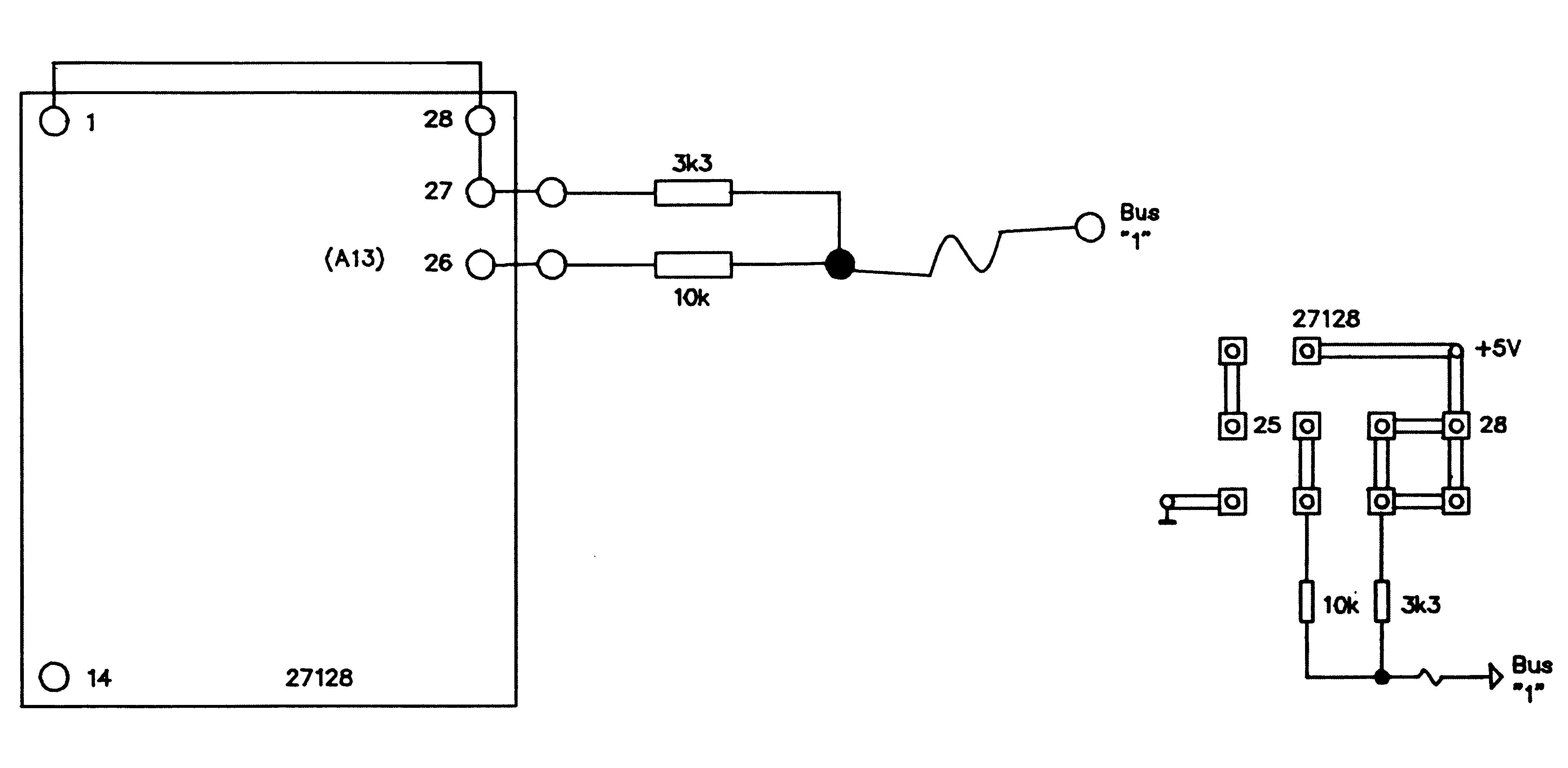 Schaltplan: IC 27128 (Pins 1, 14, 26–28) mit Widerständen 3k3 und 10k zu »Bus 1«; rechts Verdrahtungsplan mit +5V, 10k, 3k3