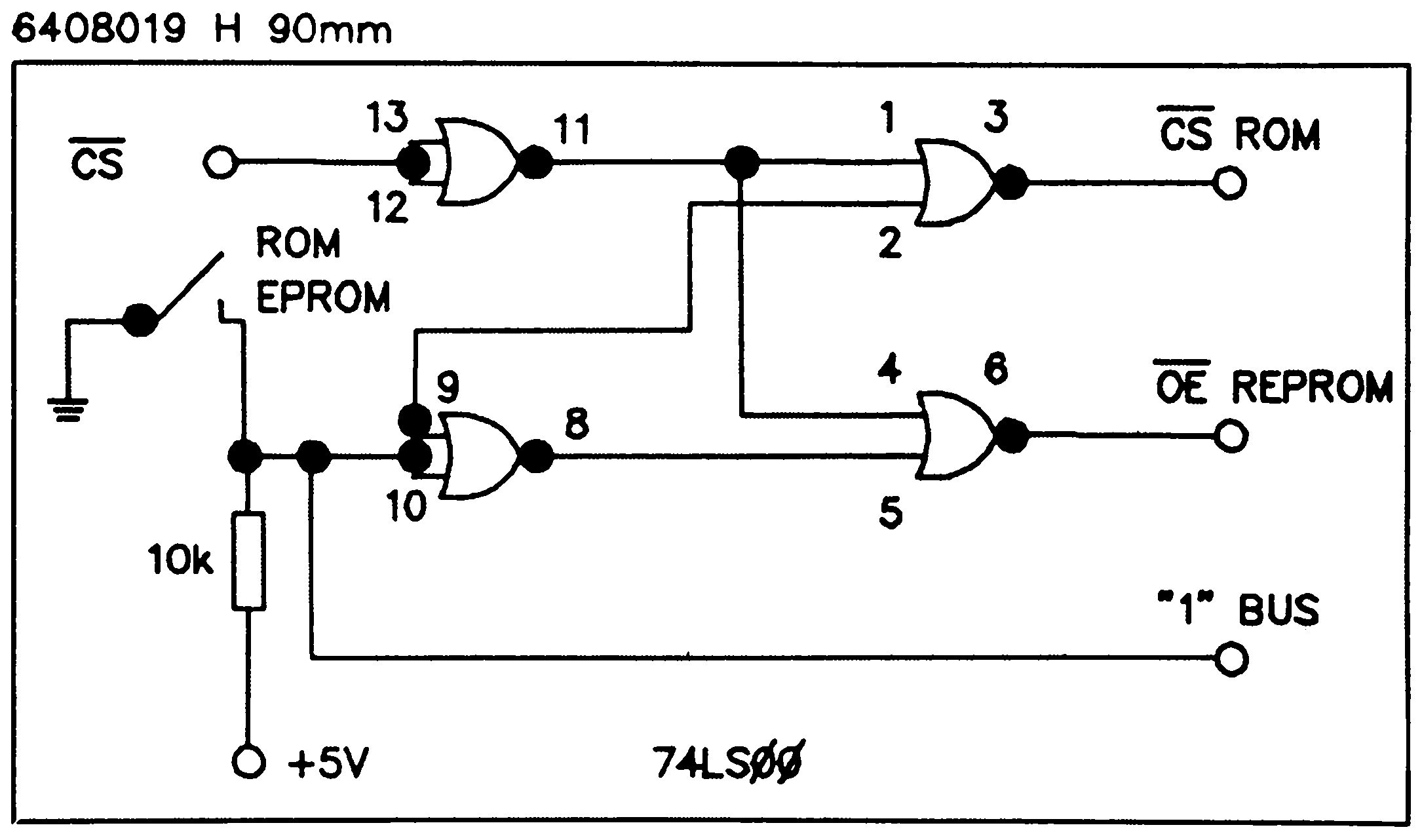 Logik-Schaltplan mit vier NAND-Gattern (74LS00), Eingang CS, Umschalter ROM/EPROM, Widerstand 10k an +5V, Ausgänge CS ROM, OE REPROM, »1«-Bus