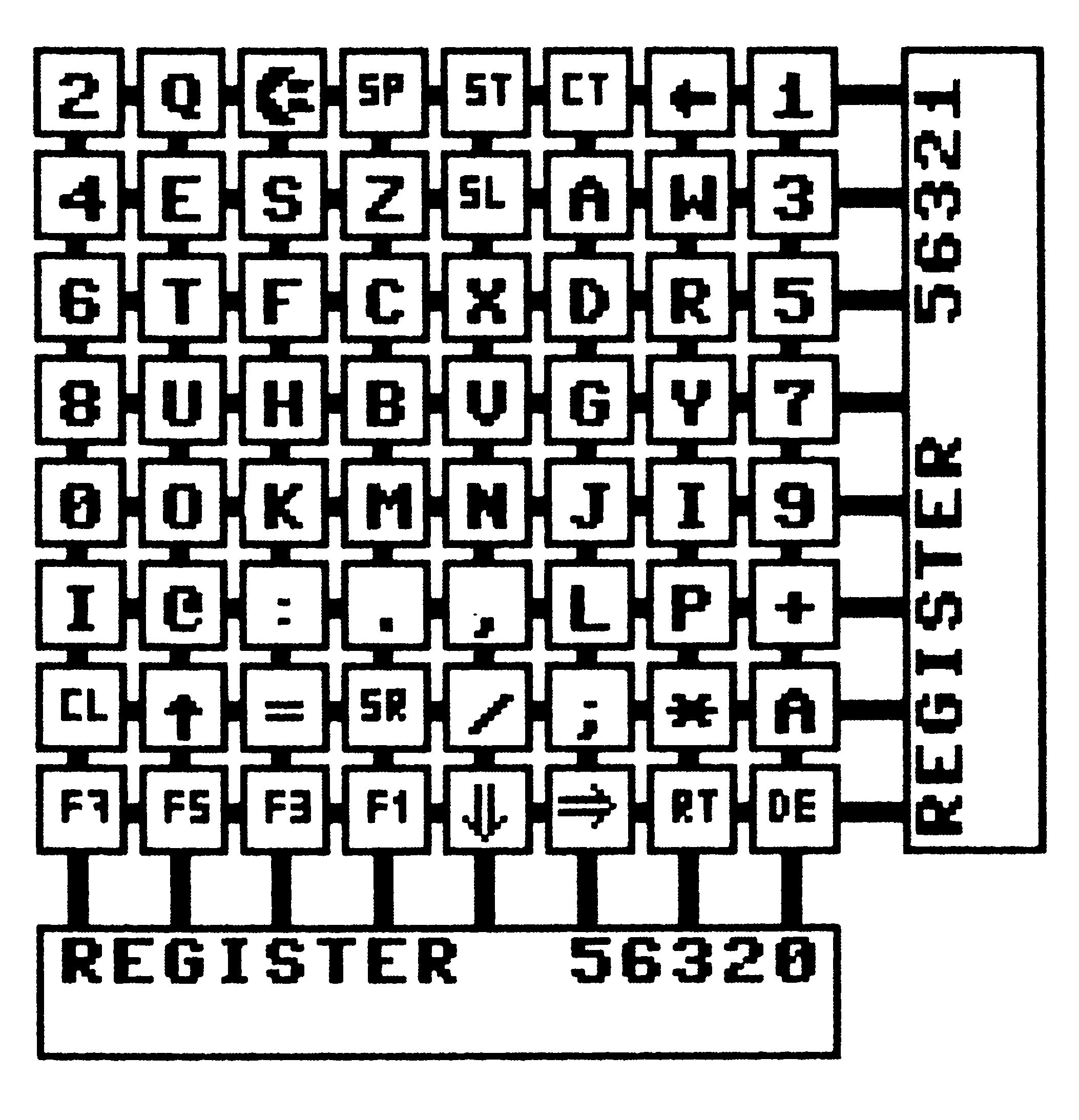 Schwarzweiße Matrix aus 8x8 beschrifteten Tastenfeldern, rechts und unten die Registerangaben 56321 und 56320