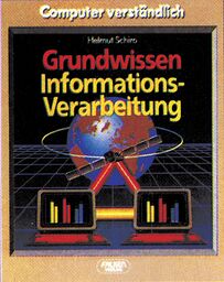Buchcover mit Globus, Satellit und zwei Bildschirmen mit Balkendiagrammen, Titel »Grundwissen Informationsverarbeitung«