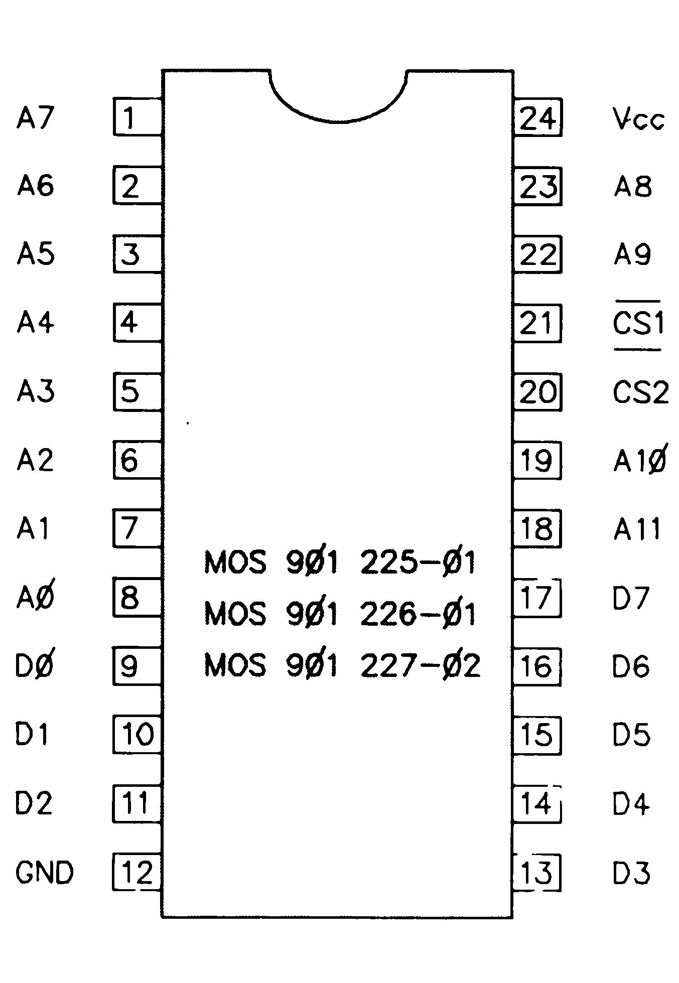 Strichzeichnung eines 24-poligen integrierten Schaltkreises, Beschriftung MOS 901 225-01, 226-01, 227-02