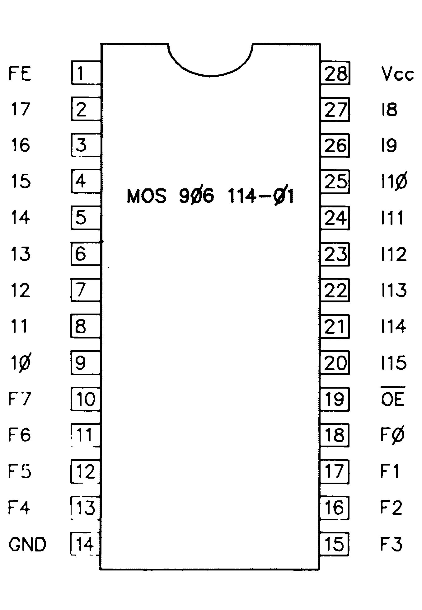Strichzeichnung eines 28-poligen integrierten Schaltkreises mit Pinbeschriftung und Aufschrift MOS 906 114-01