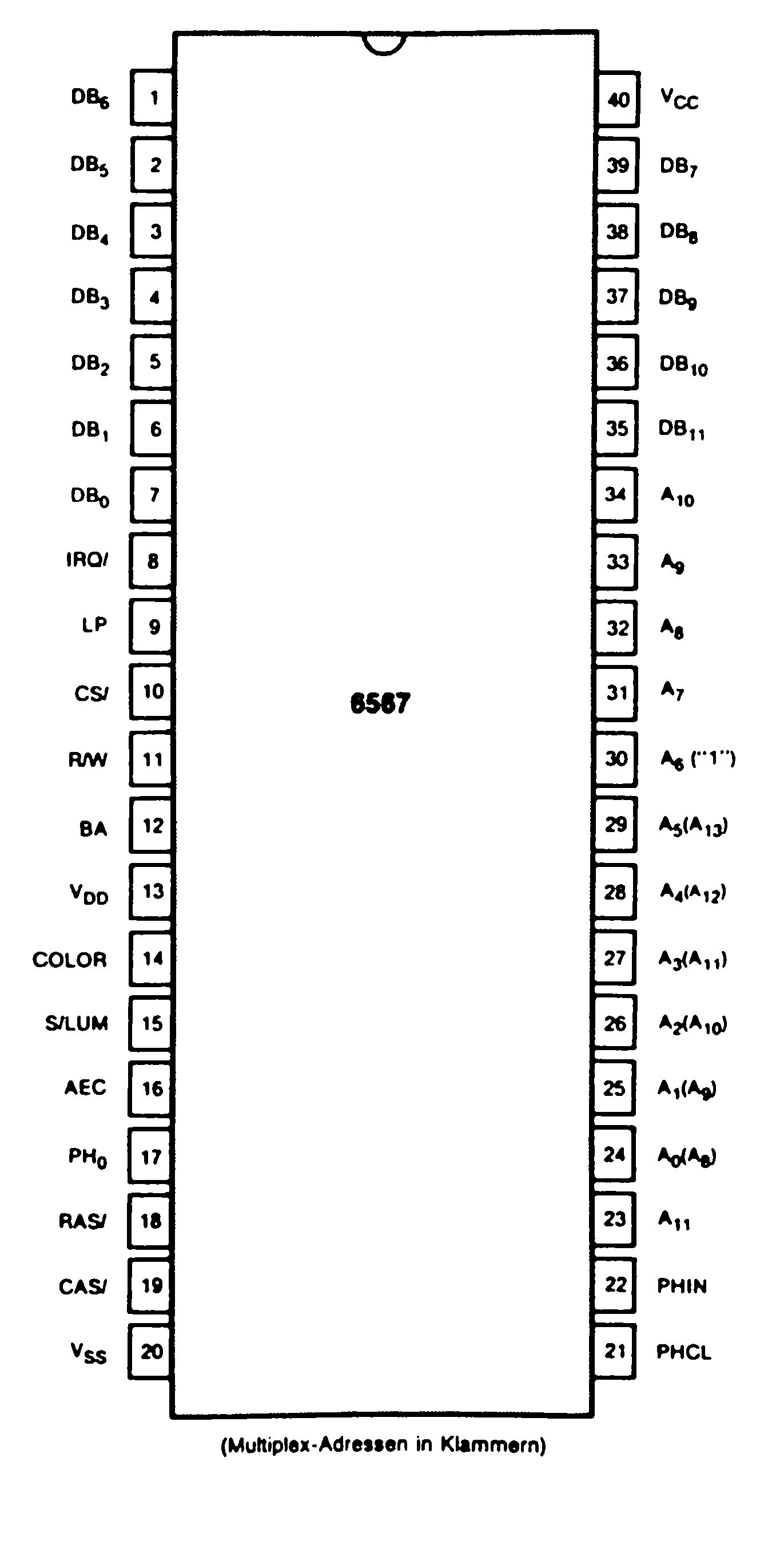 Strichzeichnung eines 40-poligen integrierten Schaltkreises mit Pinbeschriftung und Aufschrift 6567