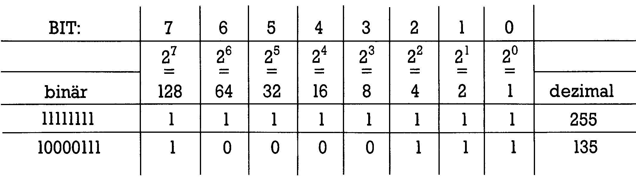 Tabelle mit den Bitnummern 7 bis 0, den Zweierpotenzen 128 bis 1 und den Dezimalwerten 255 und 135