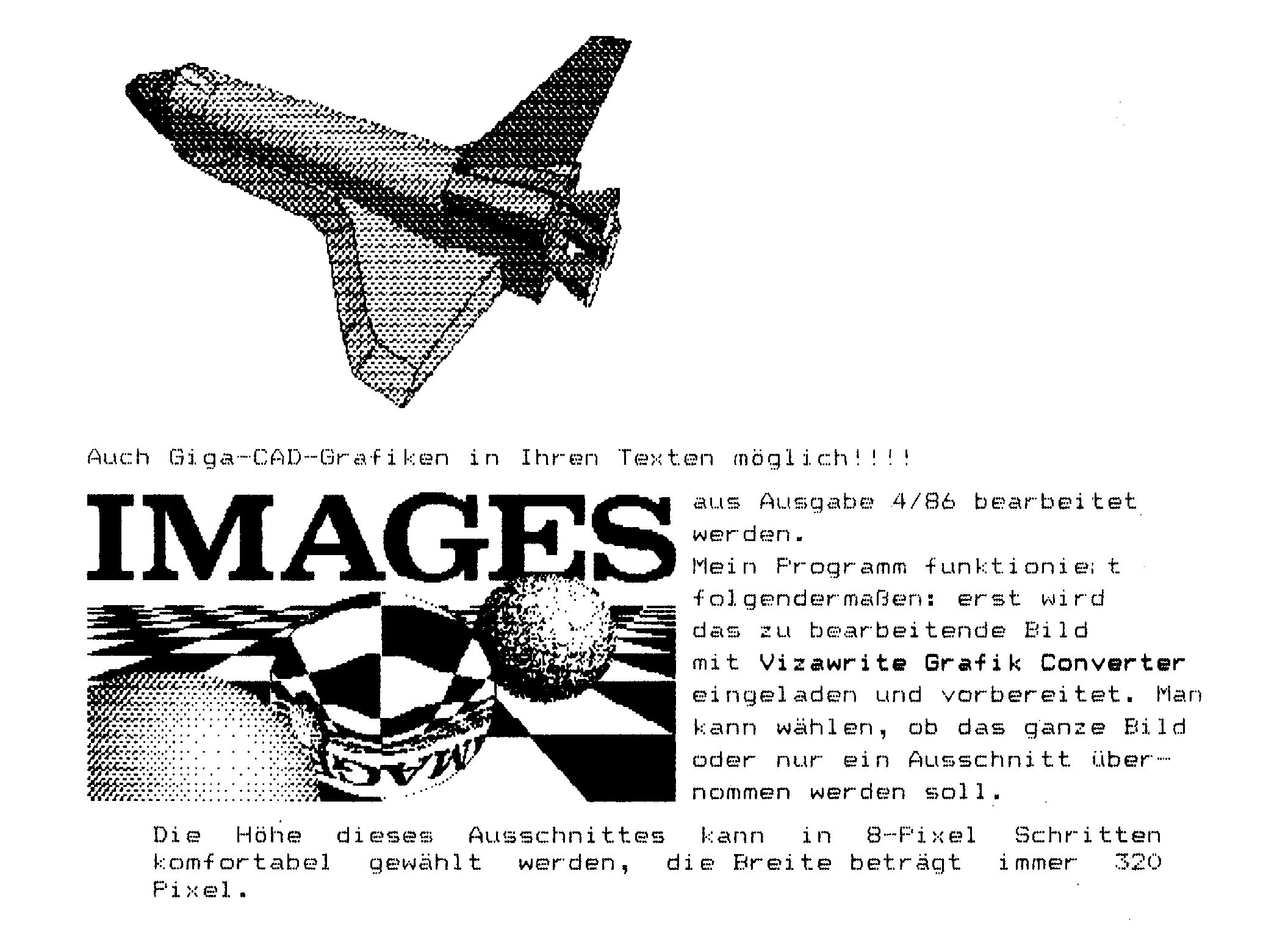 Bildschirmfoto mit gerasterter Raumfähre, Schriftzug »IMAGES« und Text über den Vizawrite Grafik Converter
