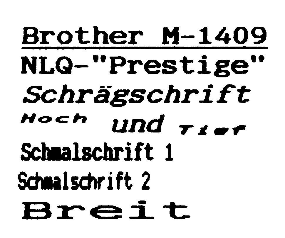 Ausdruckprobe mit den Schriftarten Prestige, Schrägschrift, Hoch und tief, Schmalschrift und Breit