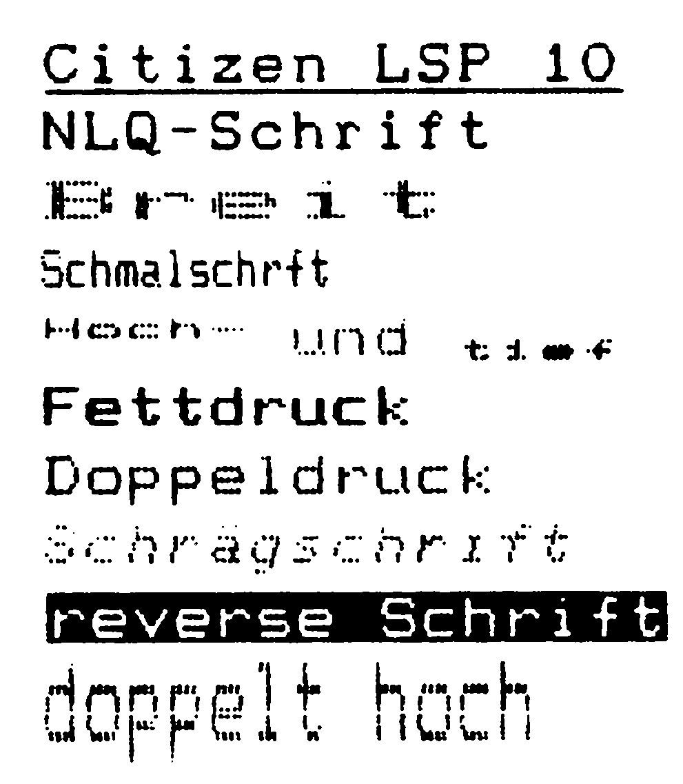 Ausdruckprobe mit NLQ-Schrift, Breit, Schmalschrift, Fettdruck, Doppeldruck, Schrägschrift und reverser Schrift