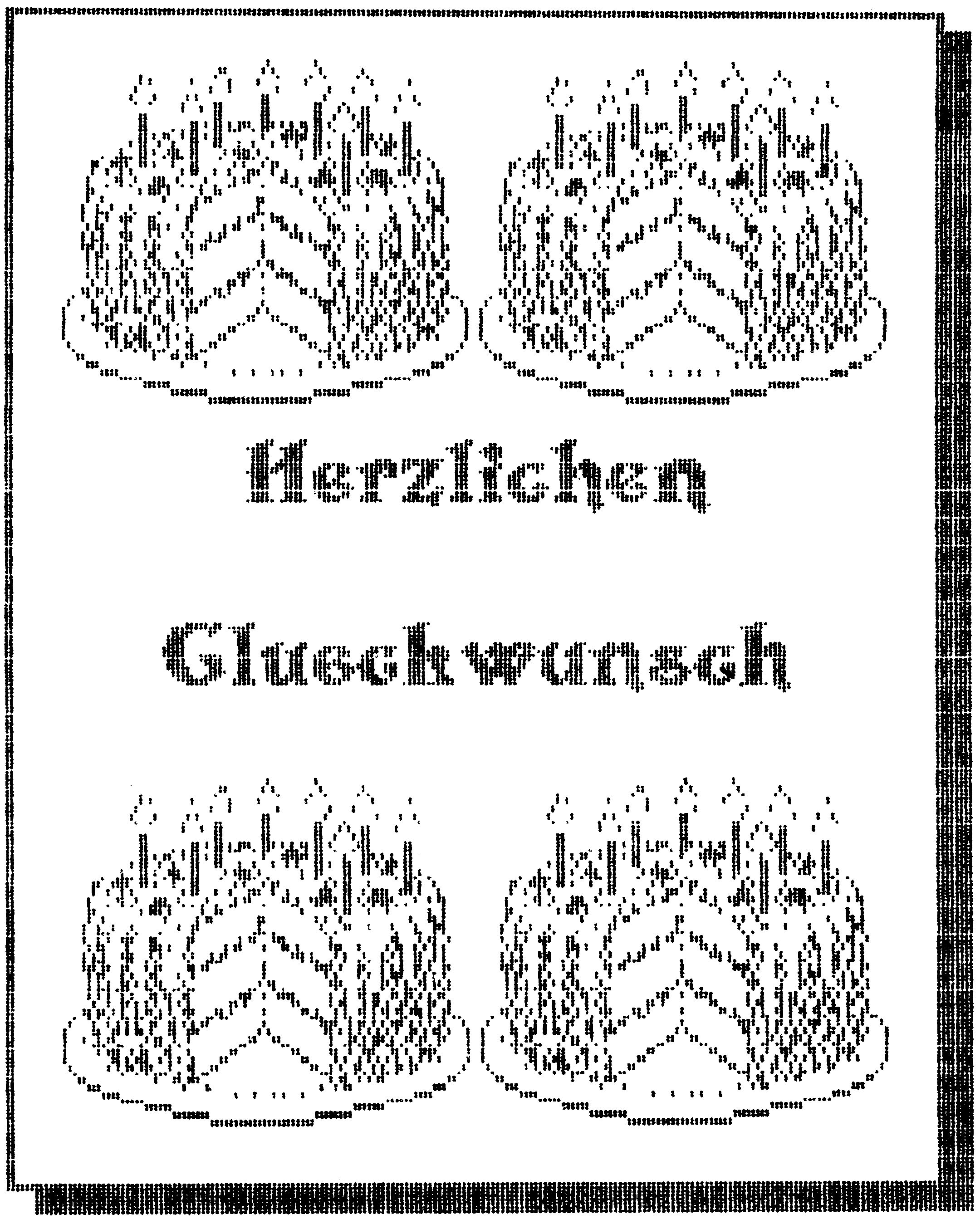 Ausdruck einer Karte mit vier Torten und vielen Kerzen, Text »Herzlichen Glueckwunsch«, grob gerastert