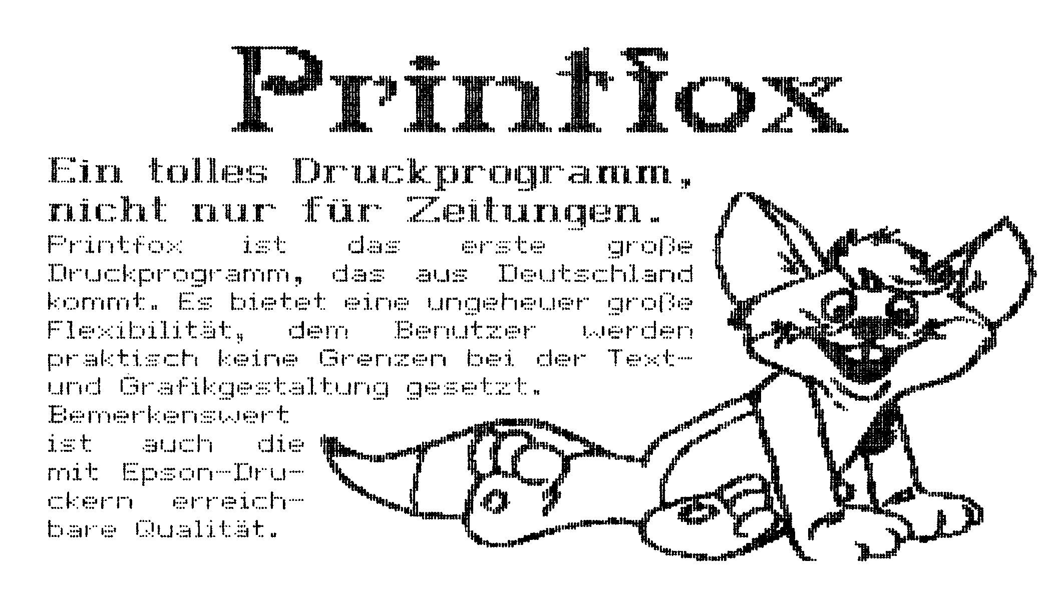 Ausdruck mit Titel »Printfox«, Text über ein Druckprogramm und Zeichnung eines sitzenden Fuchses