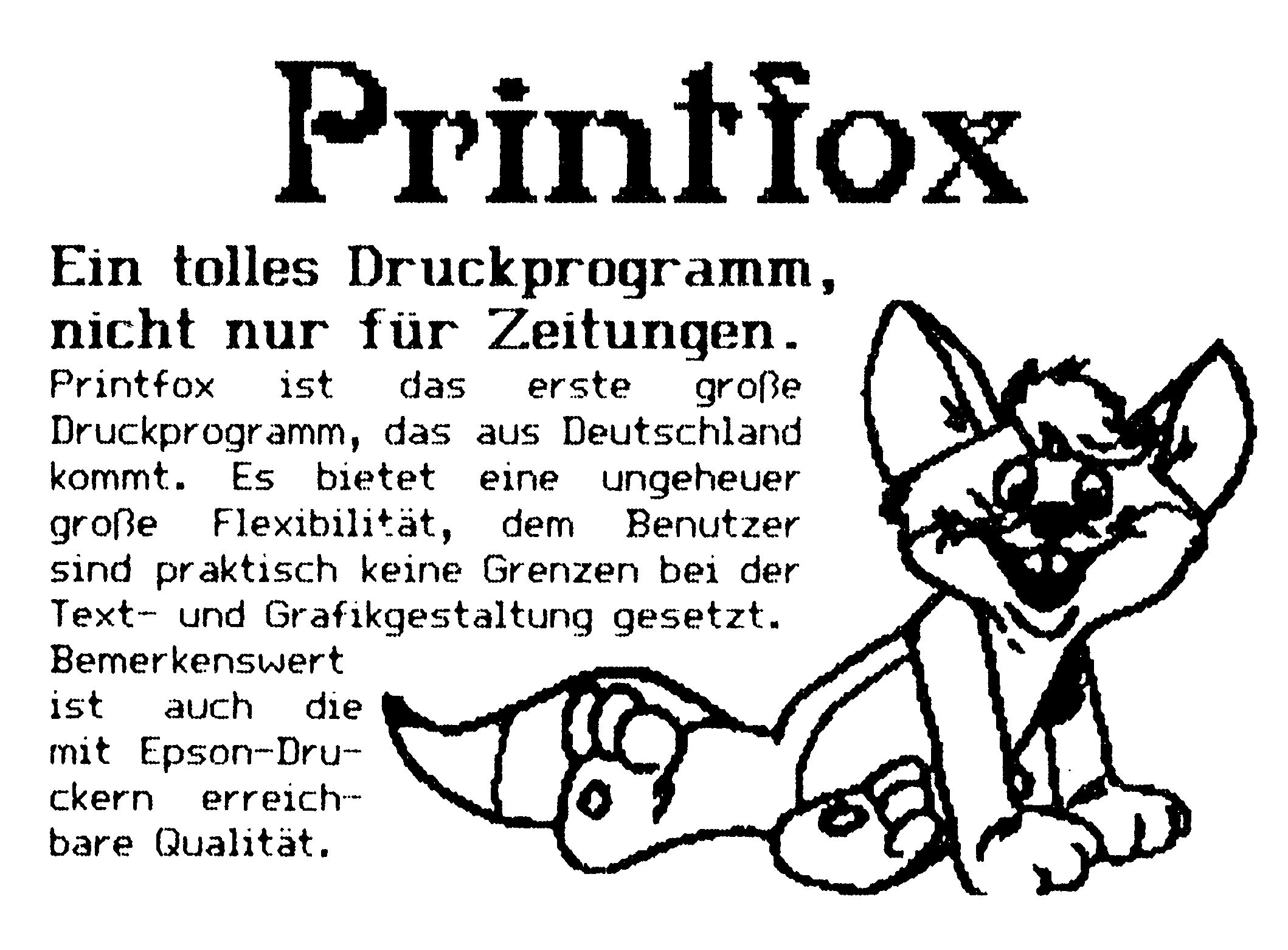 Derselbe Printfox-Ausdruck in höherer Qualität mit klaren Konturen von Titel, Text und Fuchszeichnung