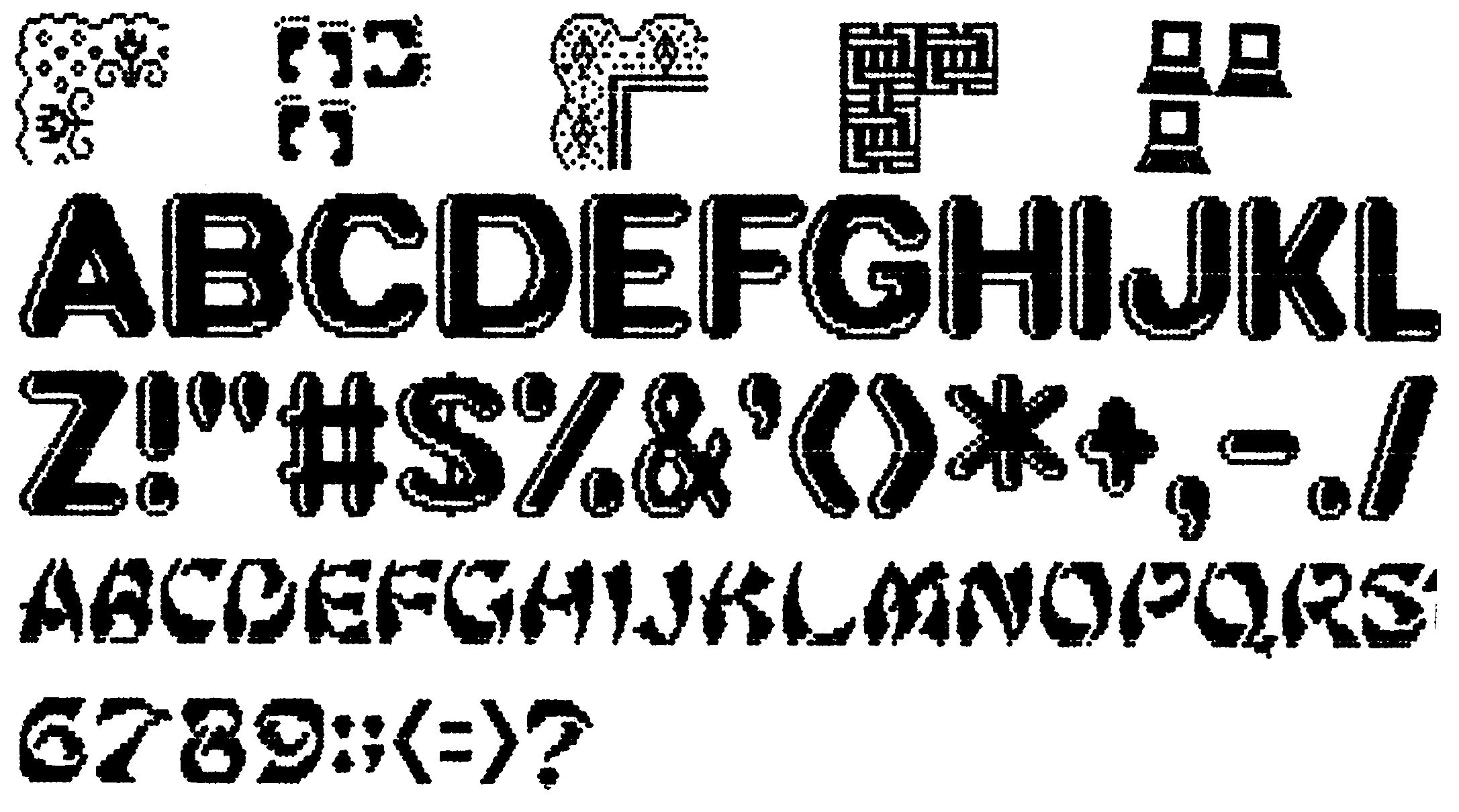 Druckerausdruck mit Alphabet, Ziffern, Sonderzeichen und fünf Randmuster-Ecken