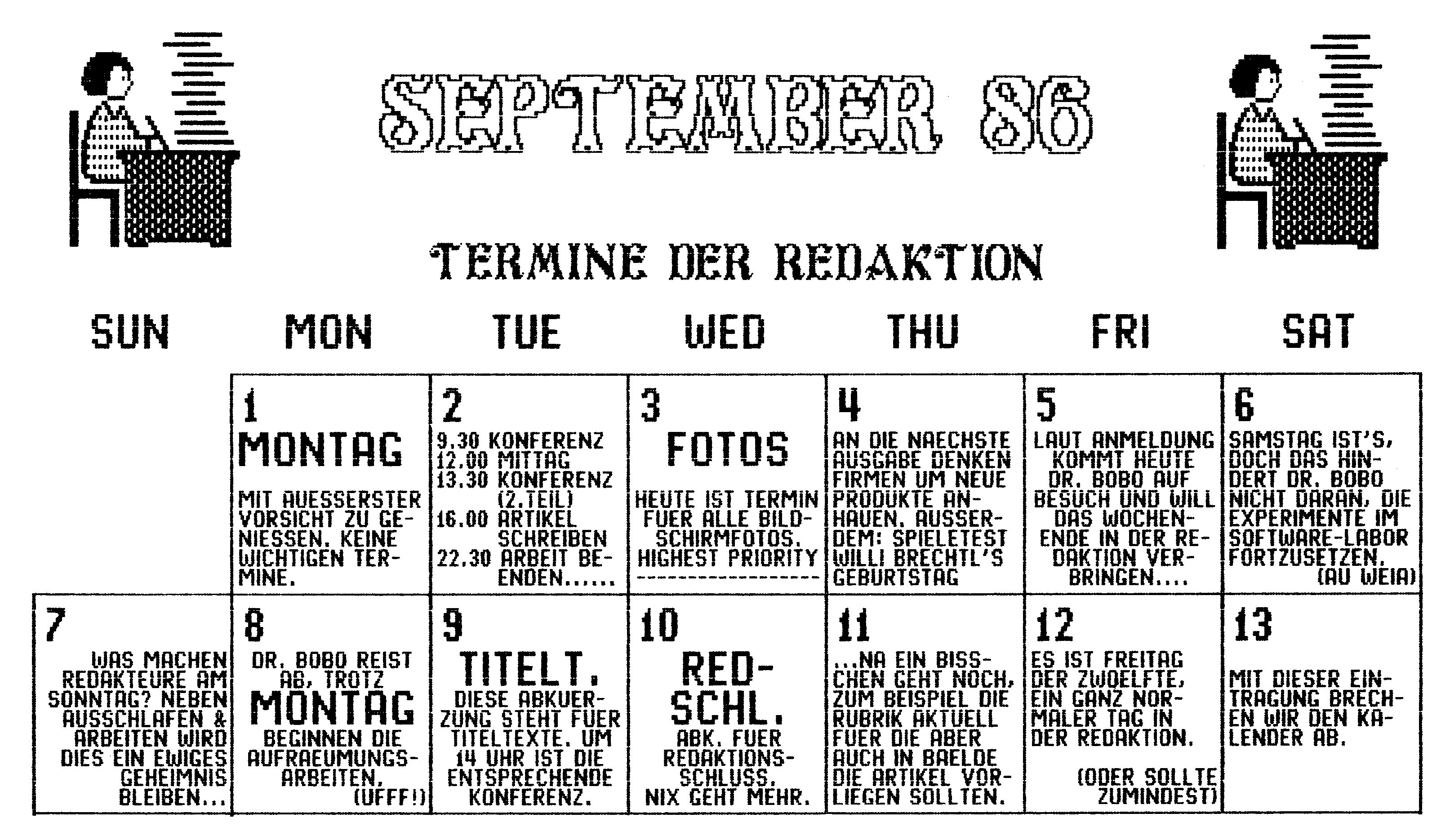 Kalenderausdruck »SEPTEMBER 86« mit Wochentagen, beschrifteten Tagesfeldern und zwei Figuren am Schreibtisch
