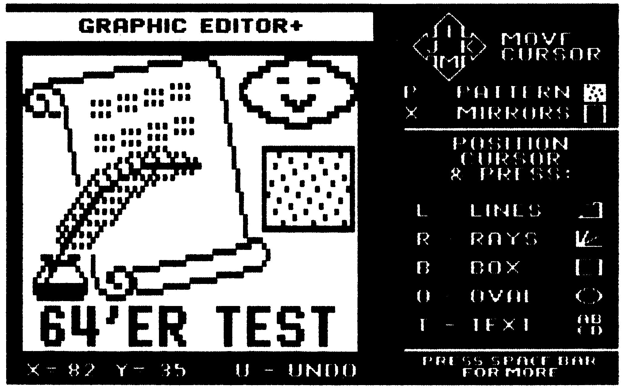 C 64-Bildschirmfoto eines Grafikeditors mit gezeichnetem Stiefel und Menüliste am rechten Rand