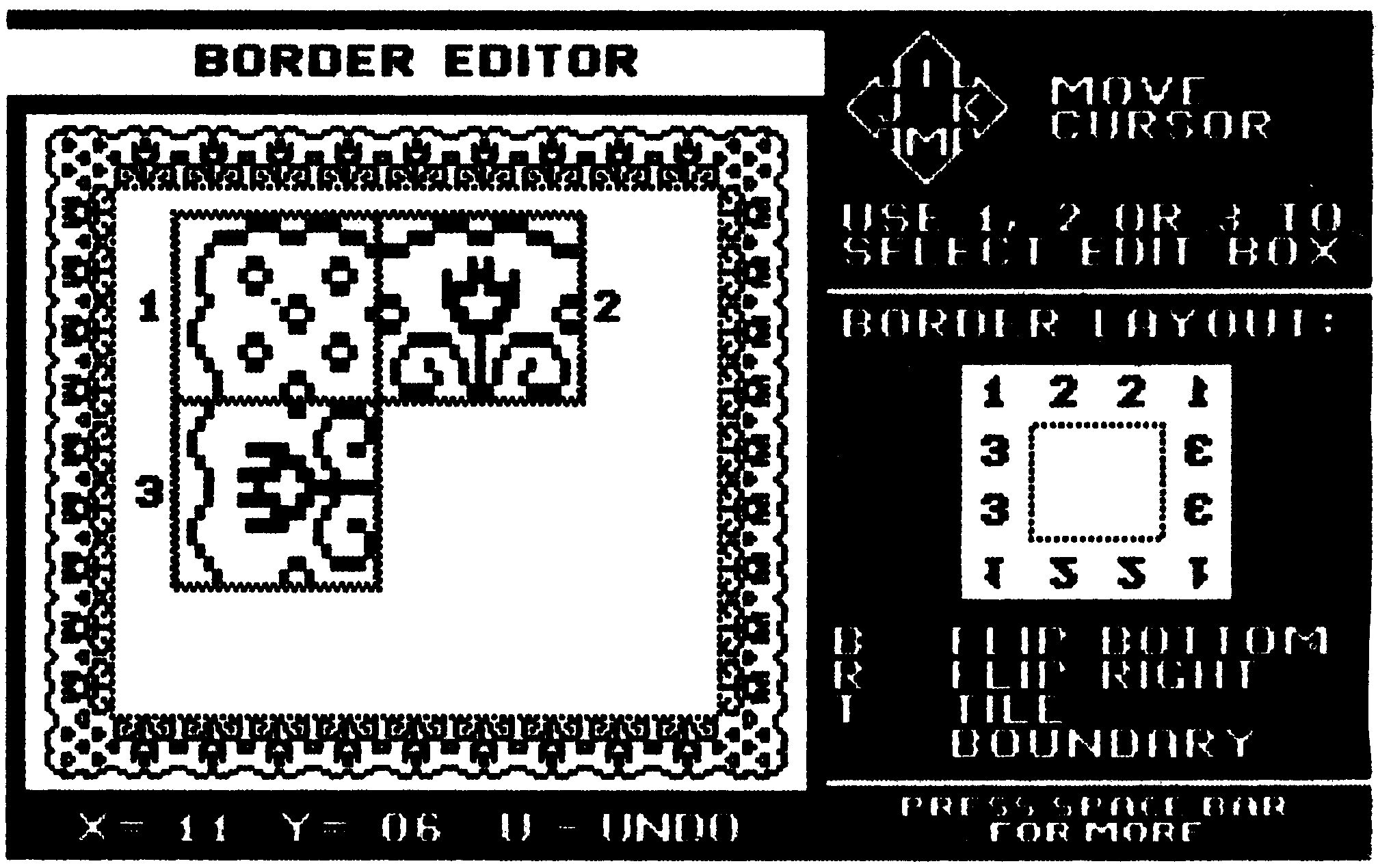 C 64-Bildschirmfoto eines Randmuster-Editors mit Blumenbordüre und nummerierten Bearbeitungsfeldern