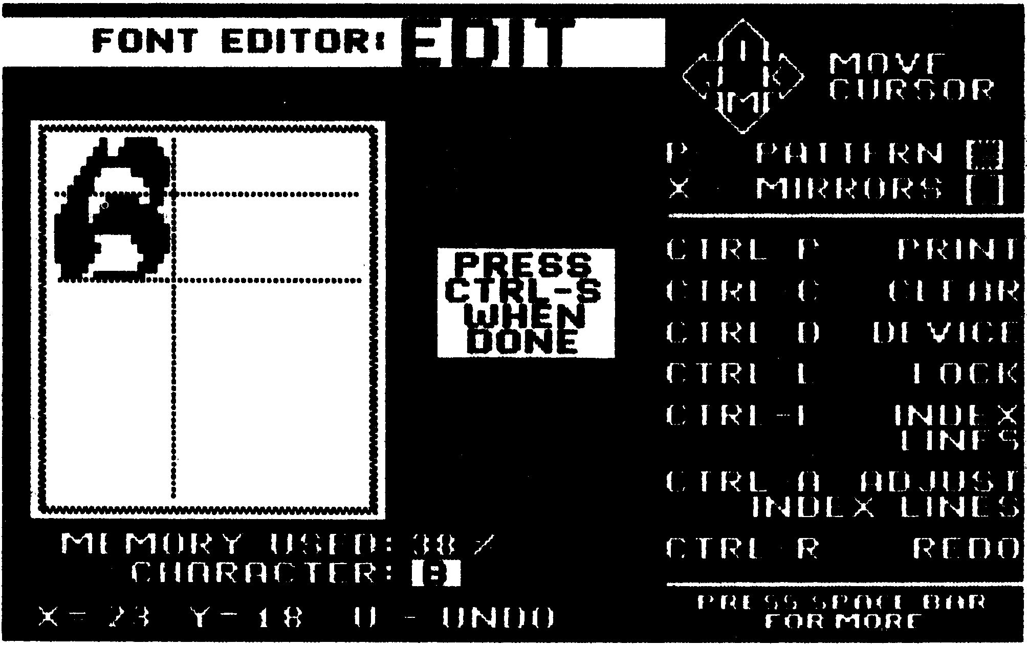 C 64-Bildschirmfoto eines Zeichensatz-Editors mit einem Buchstaben im Raster und Tastaturbefehlen