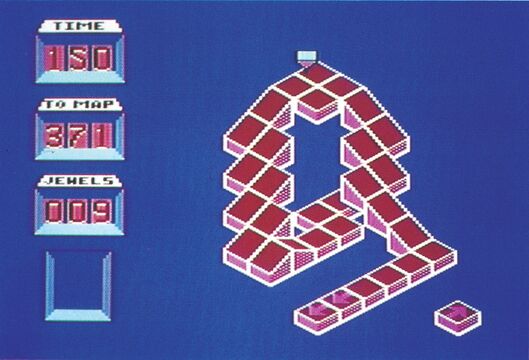 Spielszene mit isometrischer Rampe aus roten Blöcken auf blauem Grund, Anzeigen am linken Rand