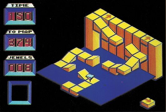 Spielszene mit isometrischer gelber Blockplattform und Wand, Statusanzeigen am linken Rand