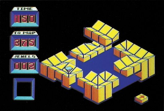 Spielszene mit mehreren gelb-orangen Blockschanzen um eine blaue Fläche, Statusanzeigen links