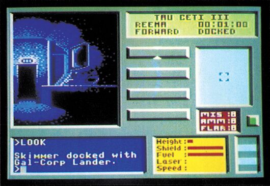 Spielbildschirm mit blauer Gebäudeansicht und der Textzeile »Skimmer docked with Gal-Corp Lander«