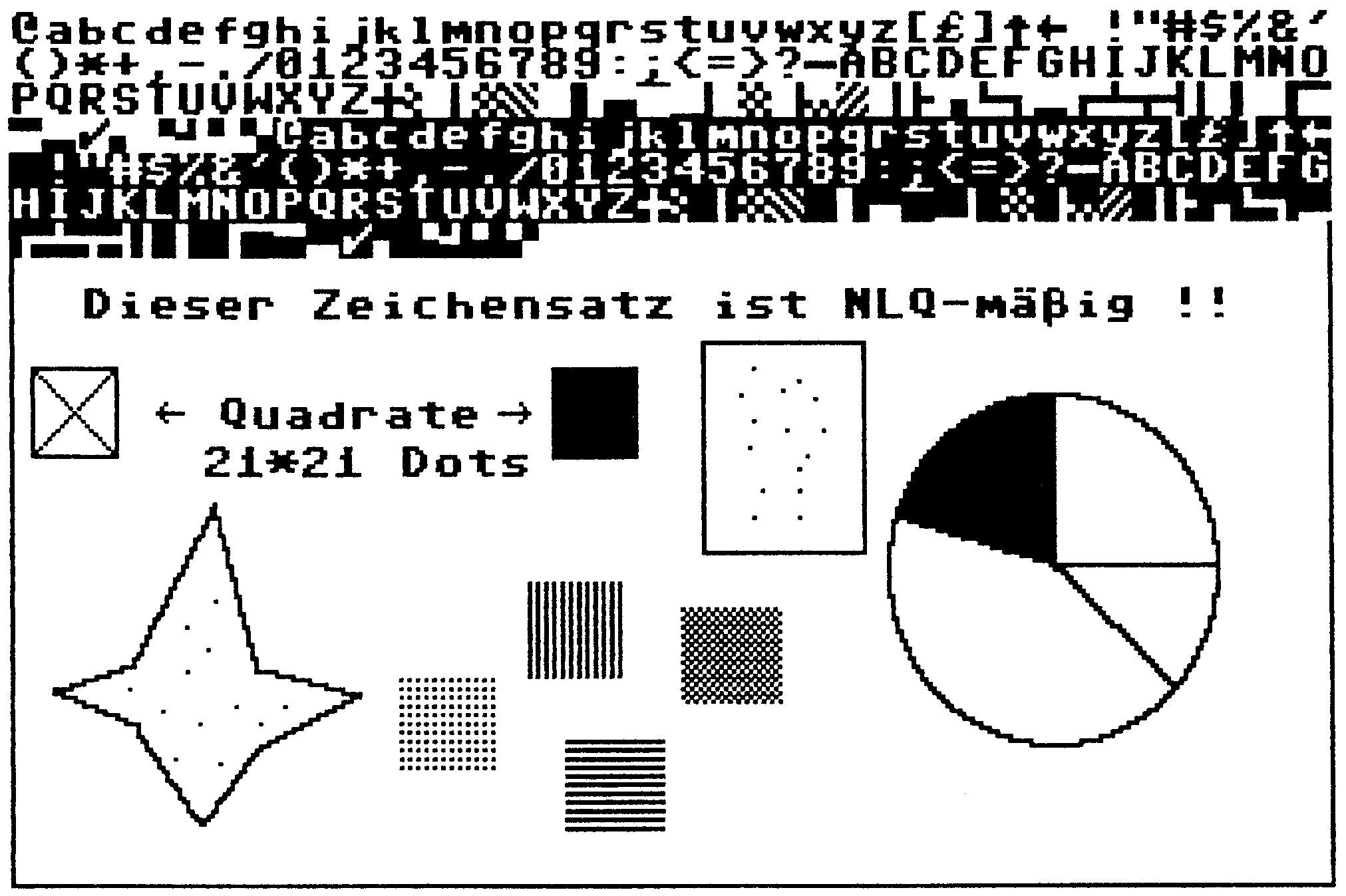 Nadeldrucker-Ausdruck mit Zeichensatzzeilen, Quadraten, Stern, Rastermuster und Kreisdiagramm