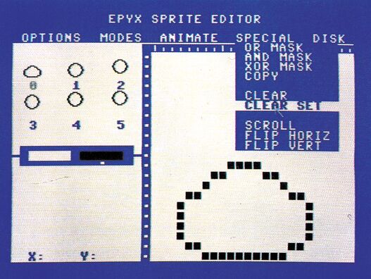 C-64-Bildschirmfoto eines Sprite-Editors mit Menüleisten und wolkenförmigem Sprite im Raster