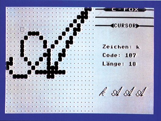 C-64-Bildschirmfoto eines Zeichensatzeditors mit Pixelraster und Statusanzeige