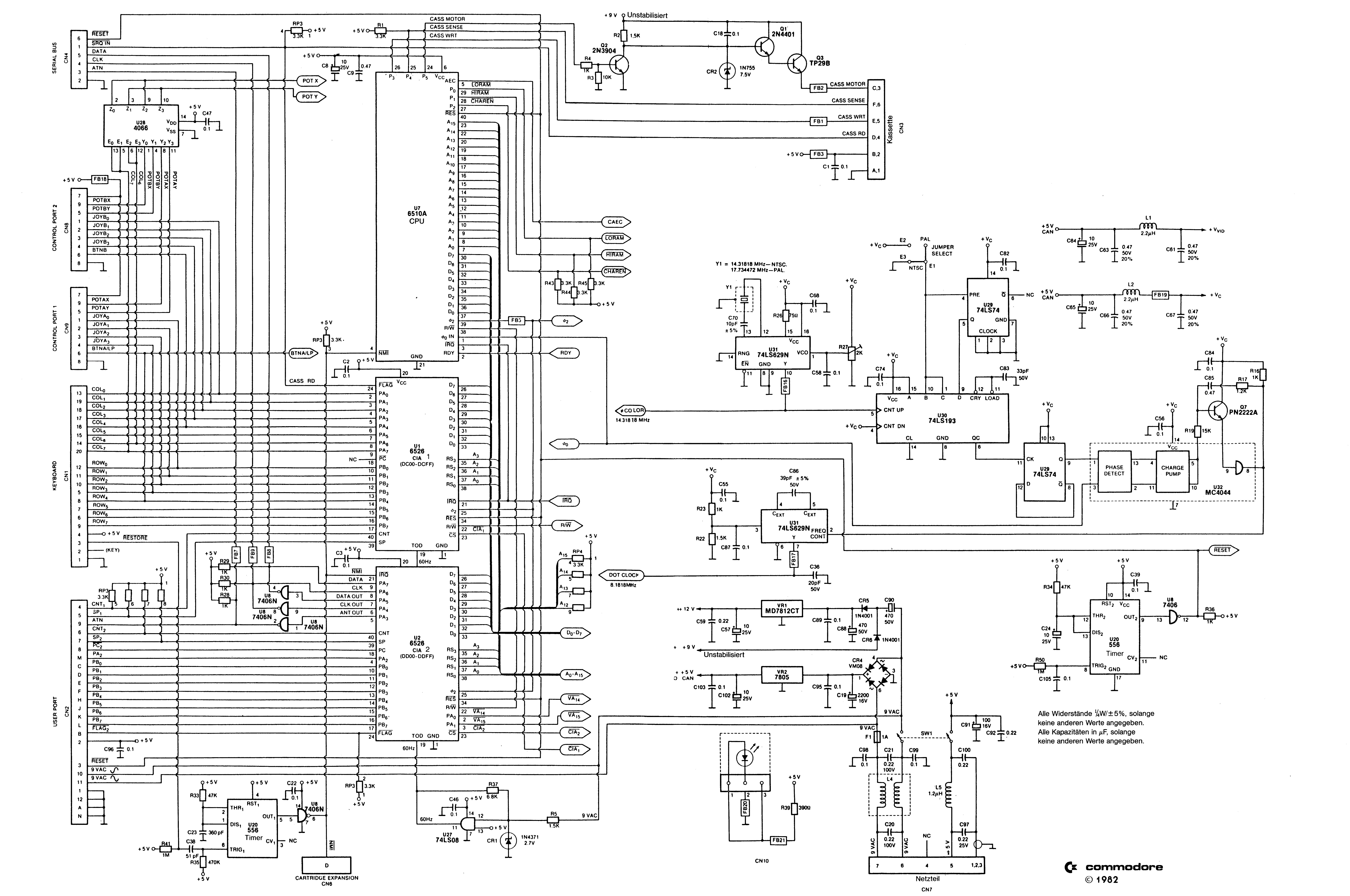 C-64-Schaltplan Teil 2 mit 6510-CPU, beiden CIAs, Tastatur, Ports, Kassette, Taktgenerator und Netzteil