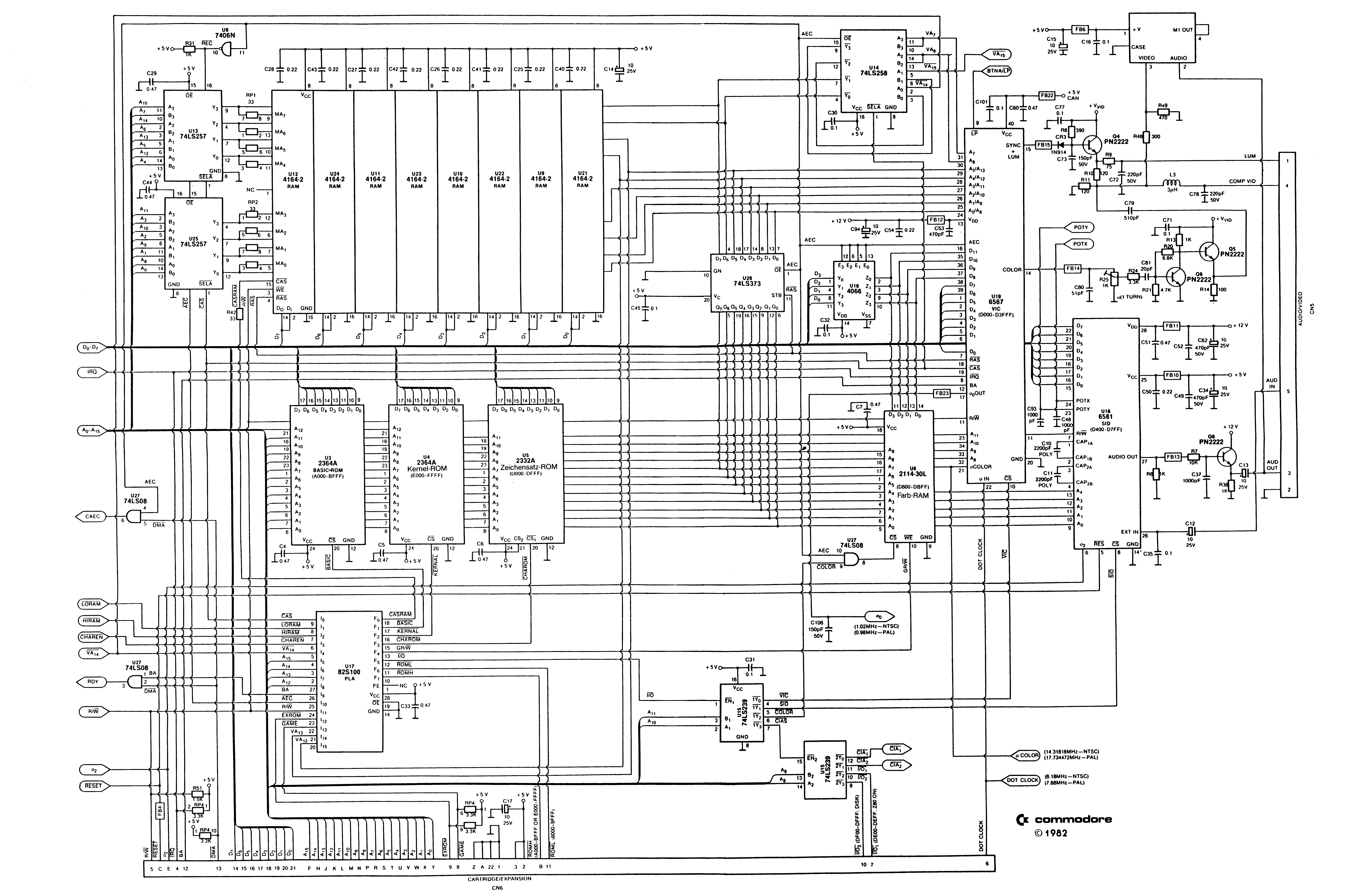 C-64-Schaltplan Teil 1 mit RAM-Bausteinen, ROMs, PLA, VIC 6567, SID 6581 und Videoausgang