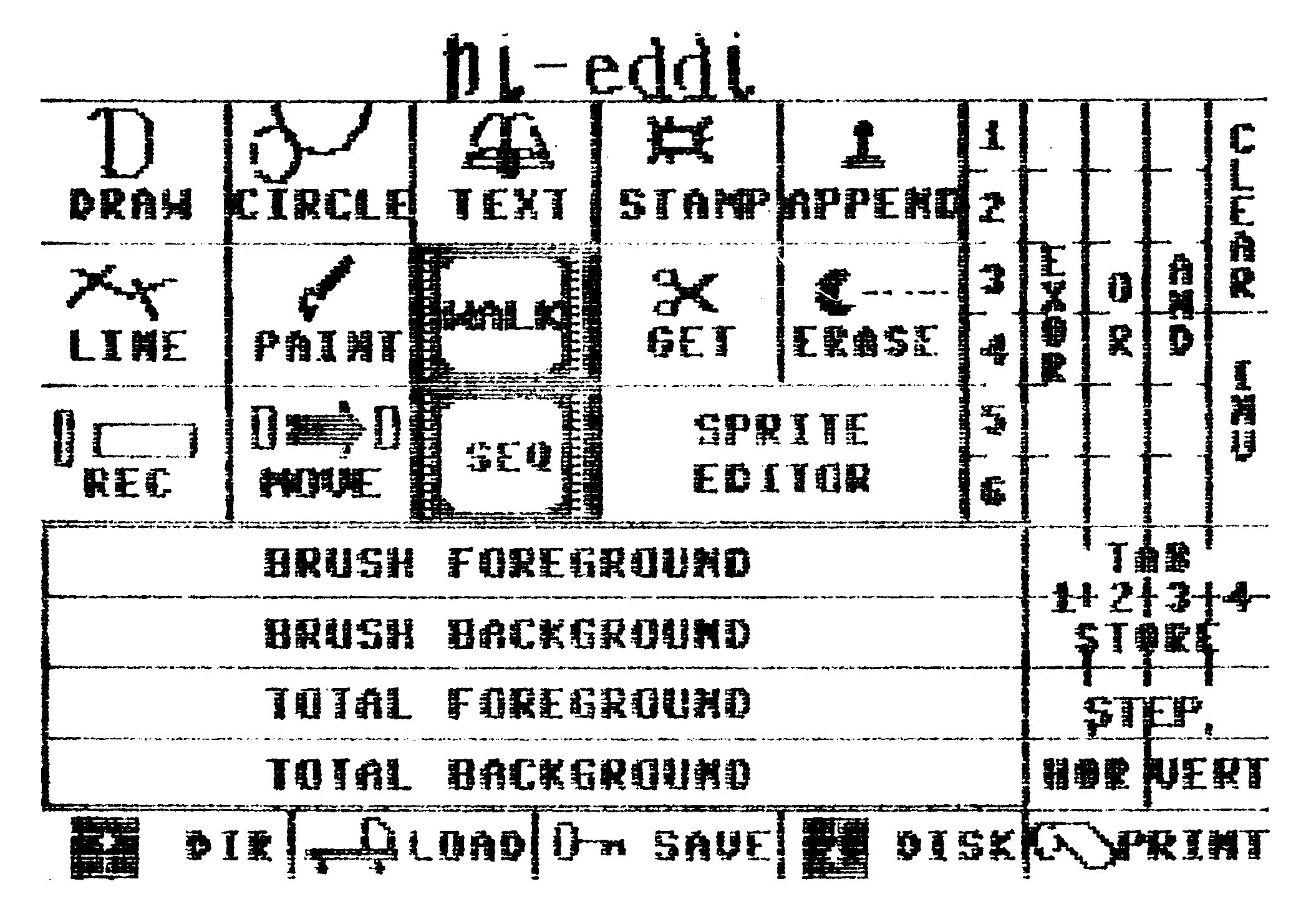 Plotter-Ausdruck eines Hi-Eddi-Menüs mit den Feldern DRAW, CIRCLE, TEXT, STAMP, SEQ und Farbleisten