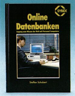 Schwarzes Buchcover »Online Datenbanken« mit dem Foto einer Person am Bildschirmarbeitsplatz