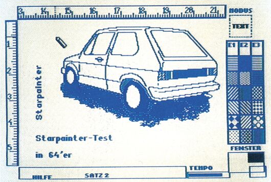 Bildschirmfoto eines Zeichenprogramms mit der blauen Strichzeichnung eines Autos, Linealen und einer Musterleiste