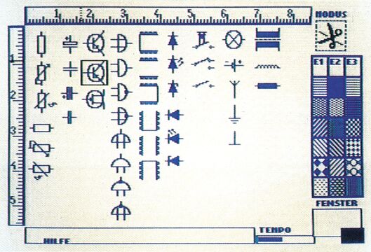 Bildschirmfoto einer Arbeitsseite mit vielen elektronischen Schaltzeichen in Reihen angeordnet