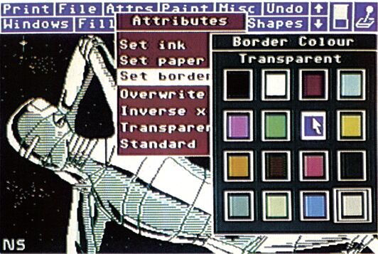 Bildschirmfoto eines Malprogramms mit aufgeklapptem Menü »Attributes« und einer Farbpalette