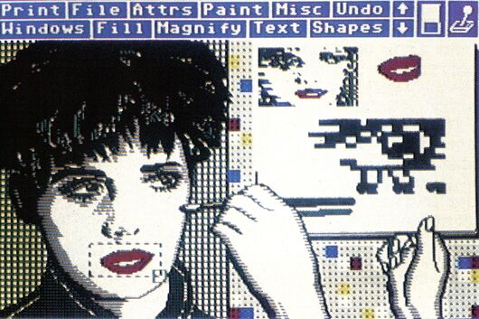 Bildschirmfoto eines Malprogramms mit einem gezeichneten Gesicht und einem vergrößerten Bildausschnitt