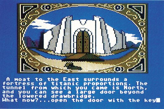Bildschirmfoto eines Adventures mit der Grafik einer Burg und darunter stehendem englischem Text