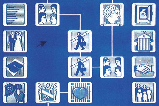 Bildschirmfoto mit vierzehn weißen Symbolfeldern auf blauem Grund, durch Linien zu einem Ablaufdiagramm verbunden