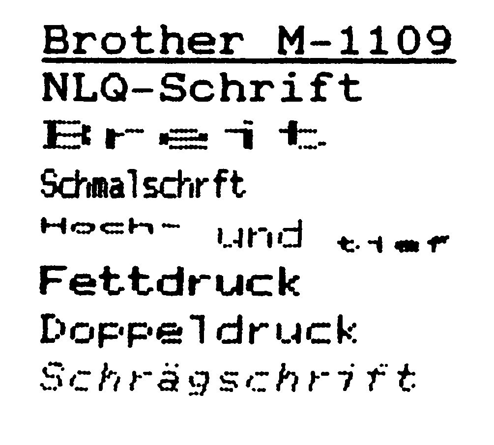 Druckerausdruck mit sieben Schriftbeispielen von NLQ-Schrift bis Doppeldruck und Schrägschrift