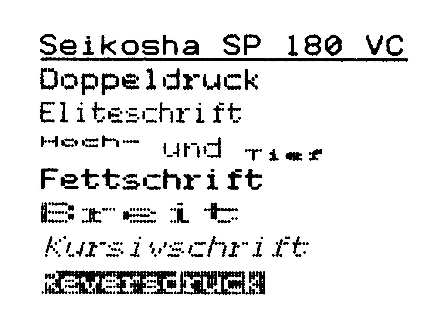 Druckerausdruck mit sieben Schriftbeispielen, darunter Doppeldruck, Eliteschrift, Fettschrift und Kursivschrift